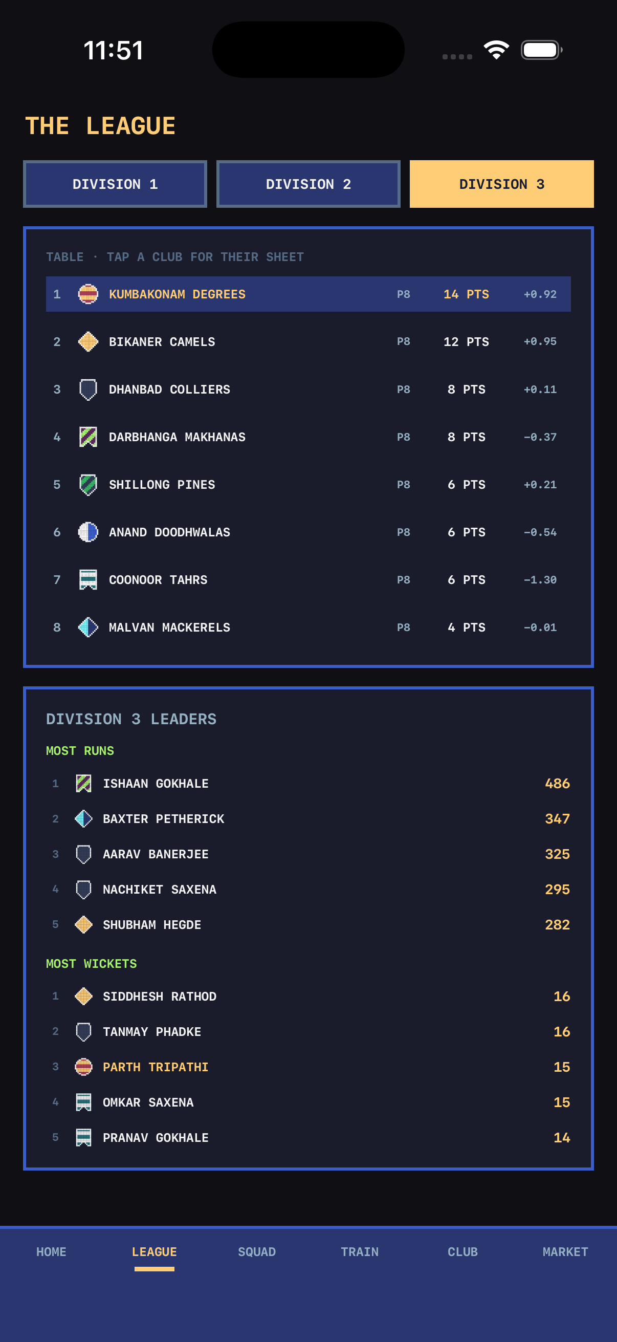 Cricket Club Manager — league