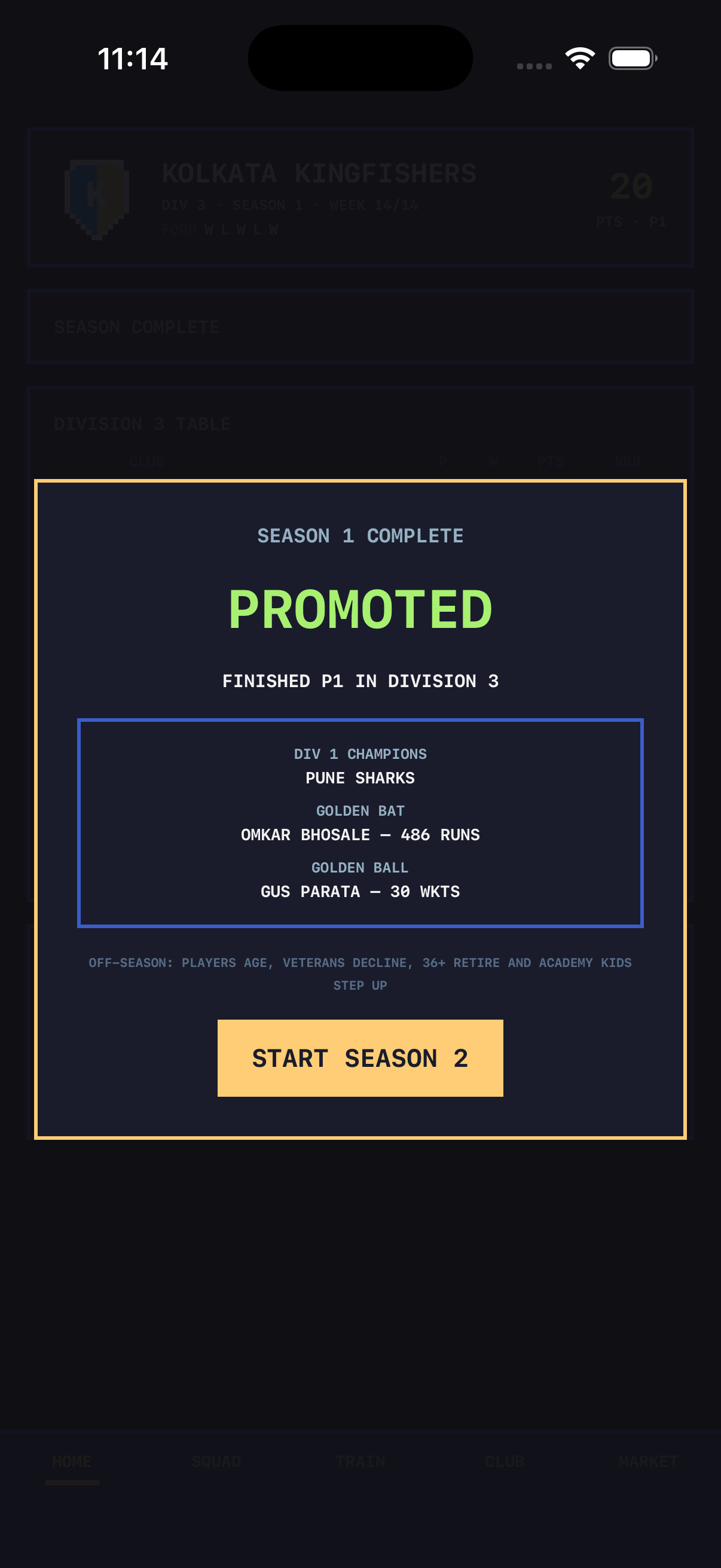 Cricket Club Manager — match recap