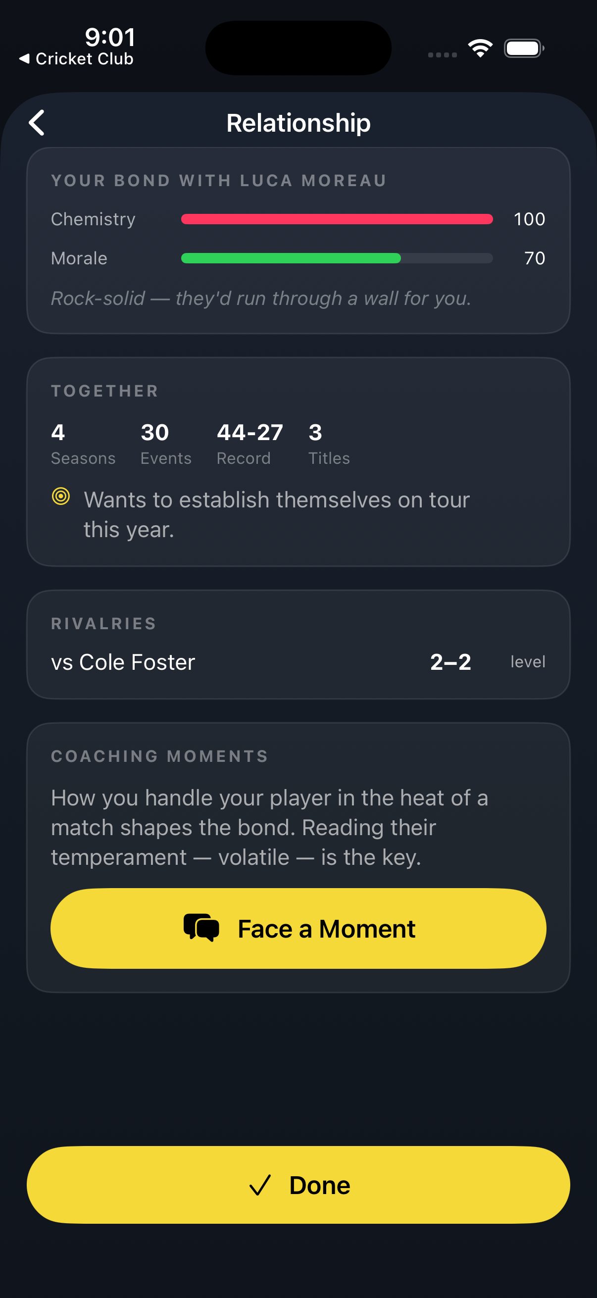 Tennis Coach — player relationship